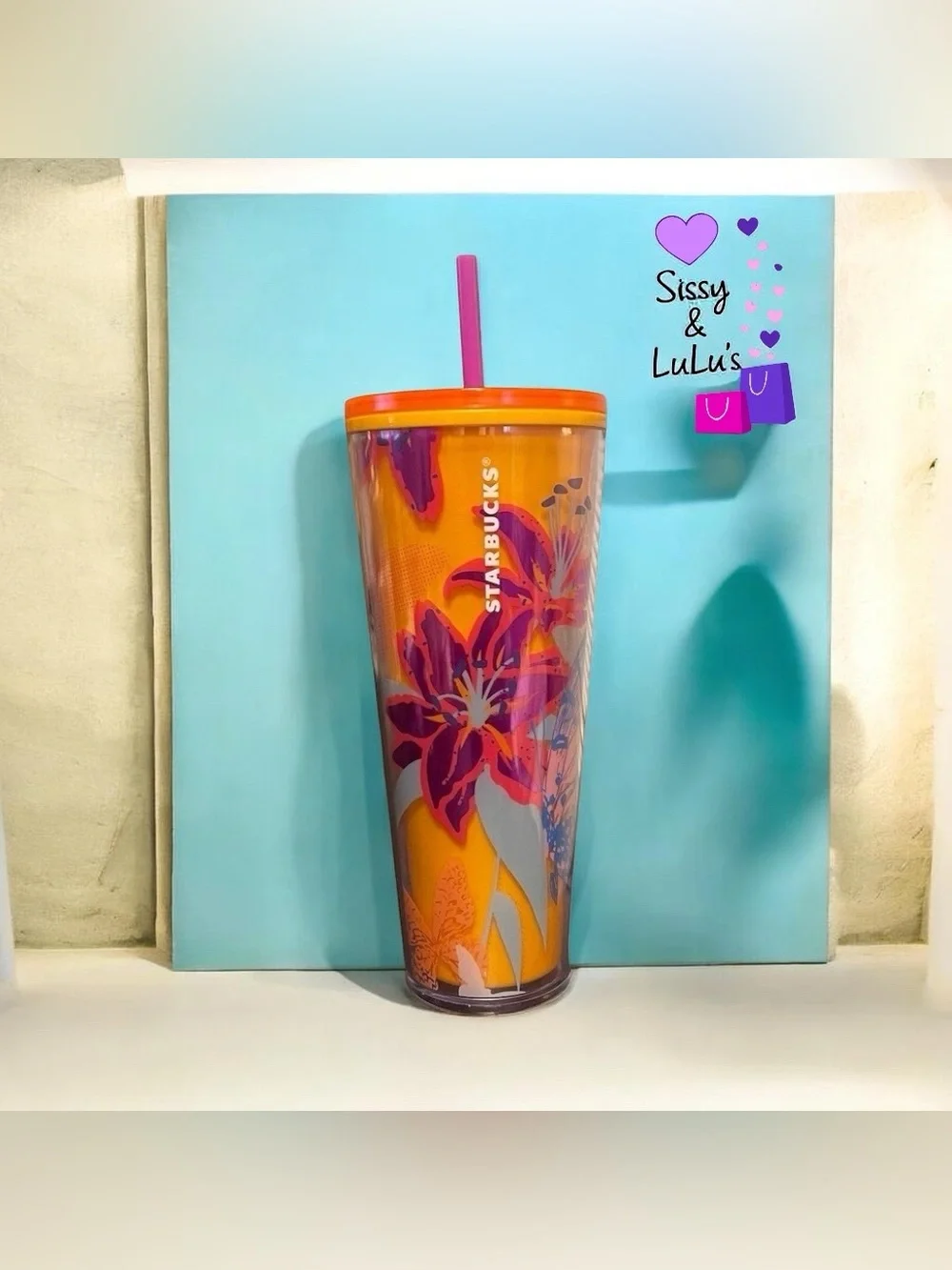 Starbucks Floral Butterfly Orange Cold Cup Tumbler 24 oz w/ Straw Lid